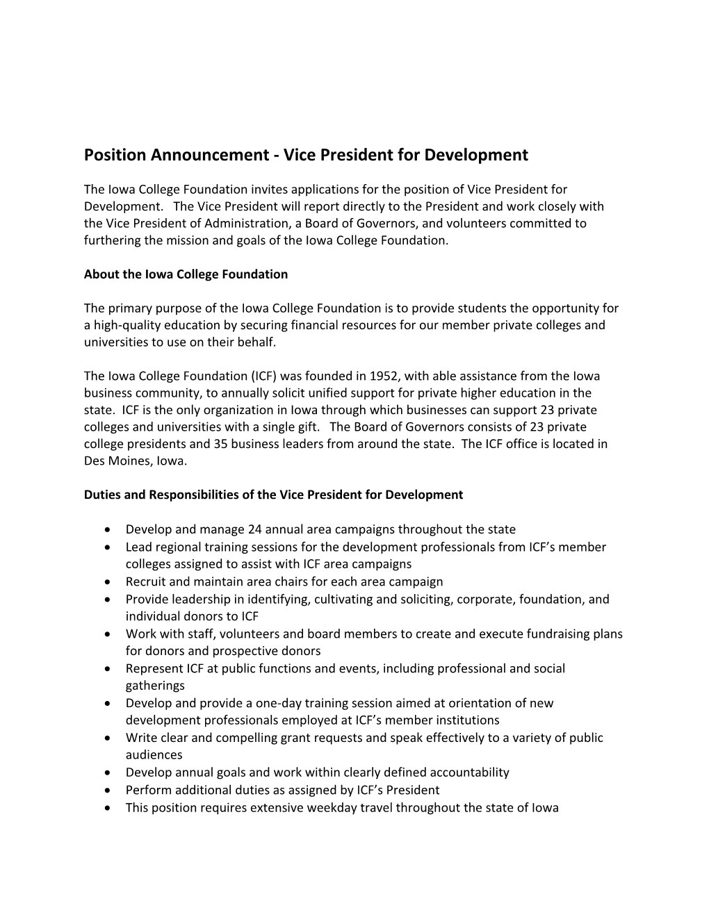 Position Announcement - Vice President for Development