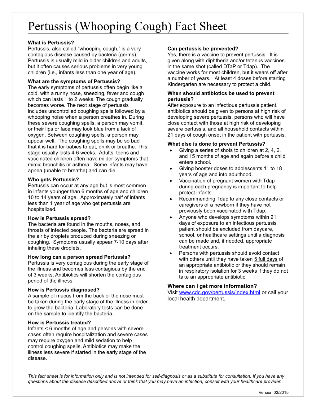Pertussis (Whooping Cough) Fact Sheet
