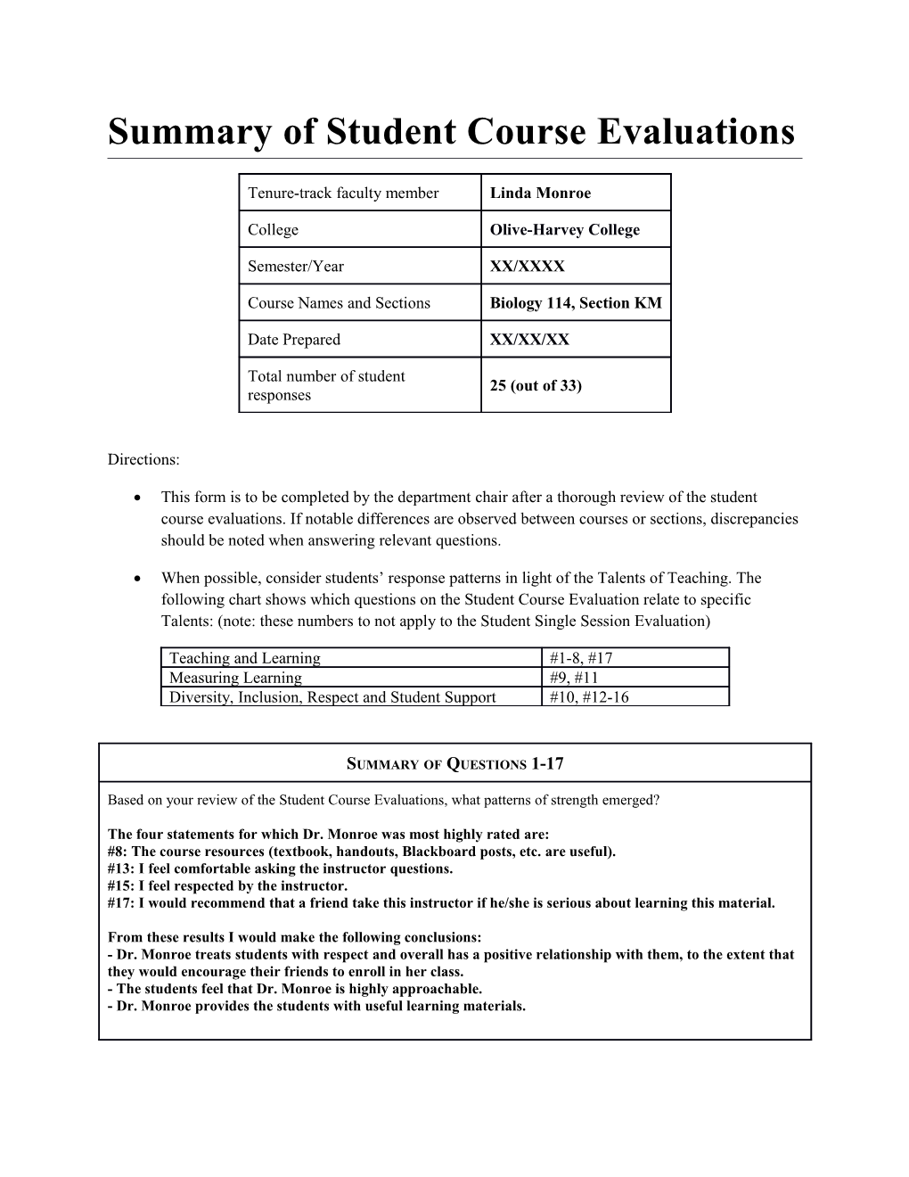 Summary of Student Course Evaluations