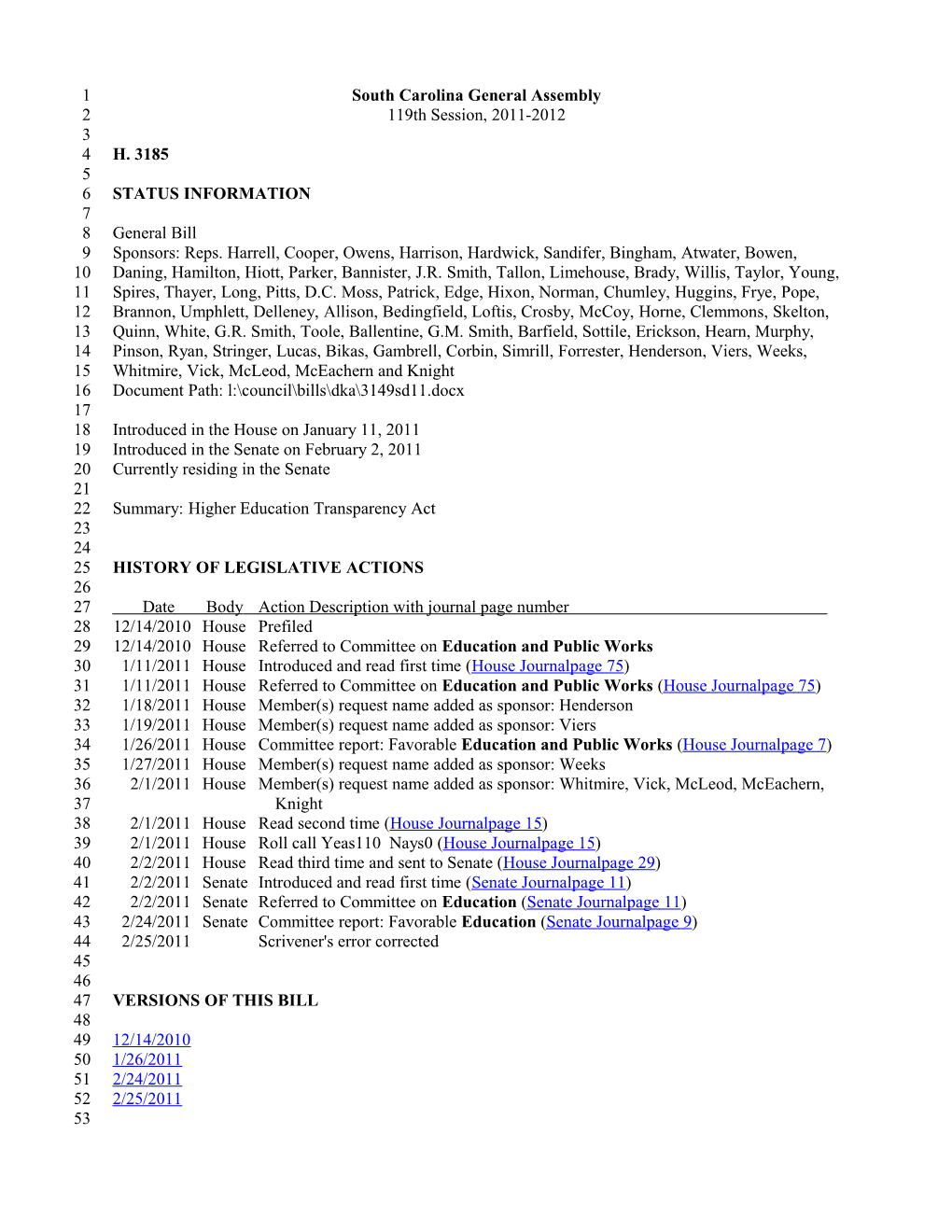 2011-2012 Bill 3185: Higher Education Transparency Act - South Carolina Legislature Online