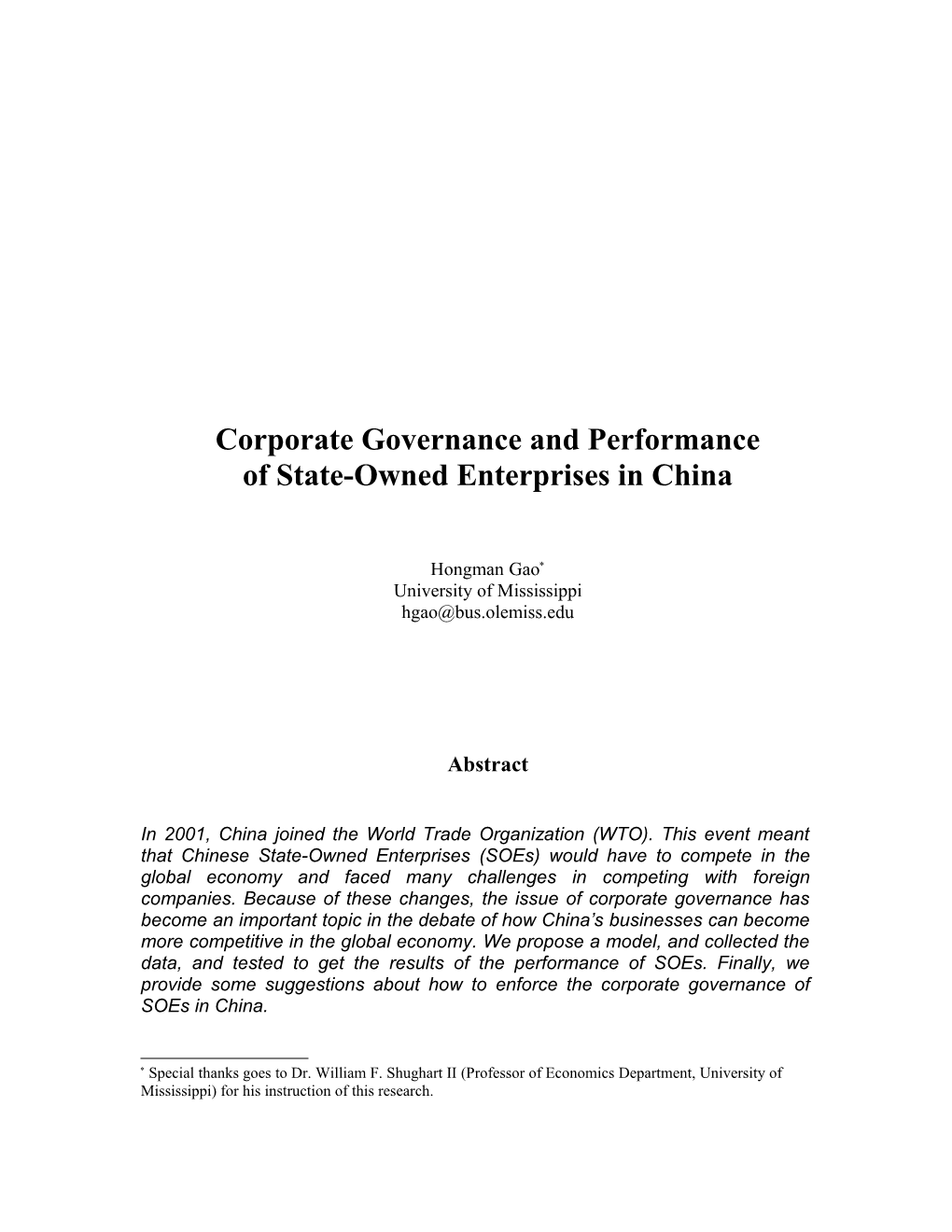 Corporate Governance of State-Owned Enterprises in China