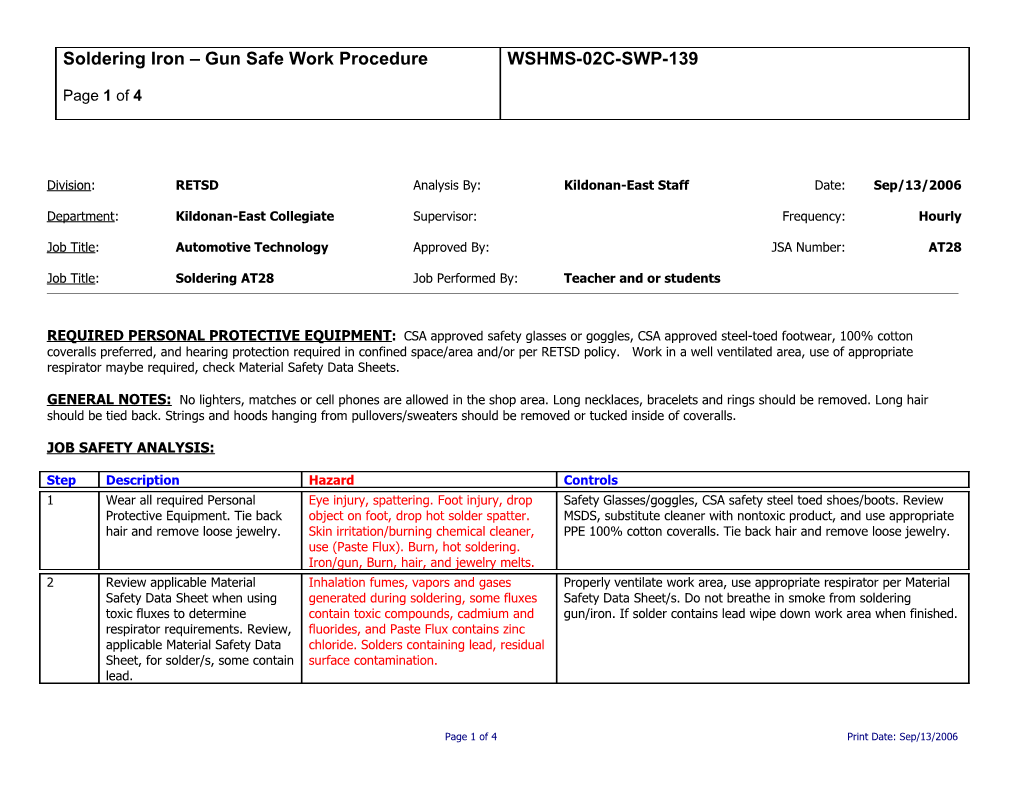 SWP-139 Iron - Soldering Gun Safe Work Procedure