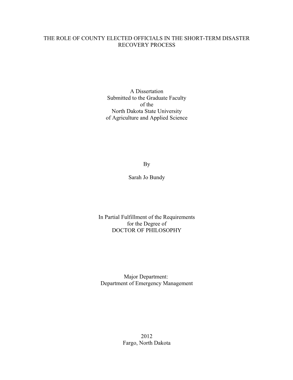 The Role of County Elected Officials in the Short-Term Disaster Recovery Process