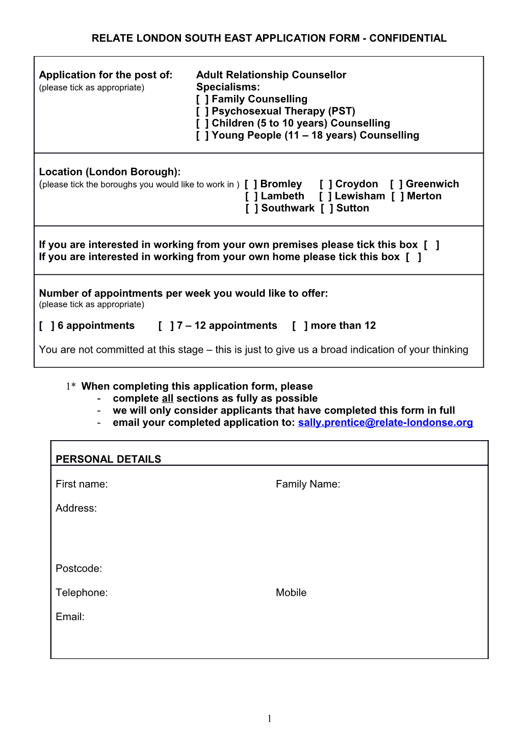 Relate London South East Application Form - Confidential