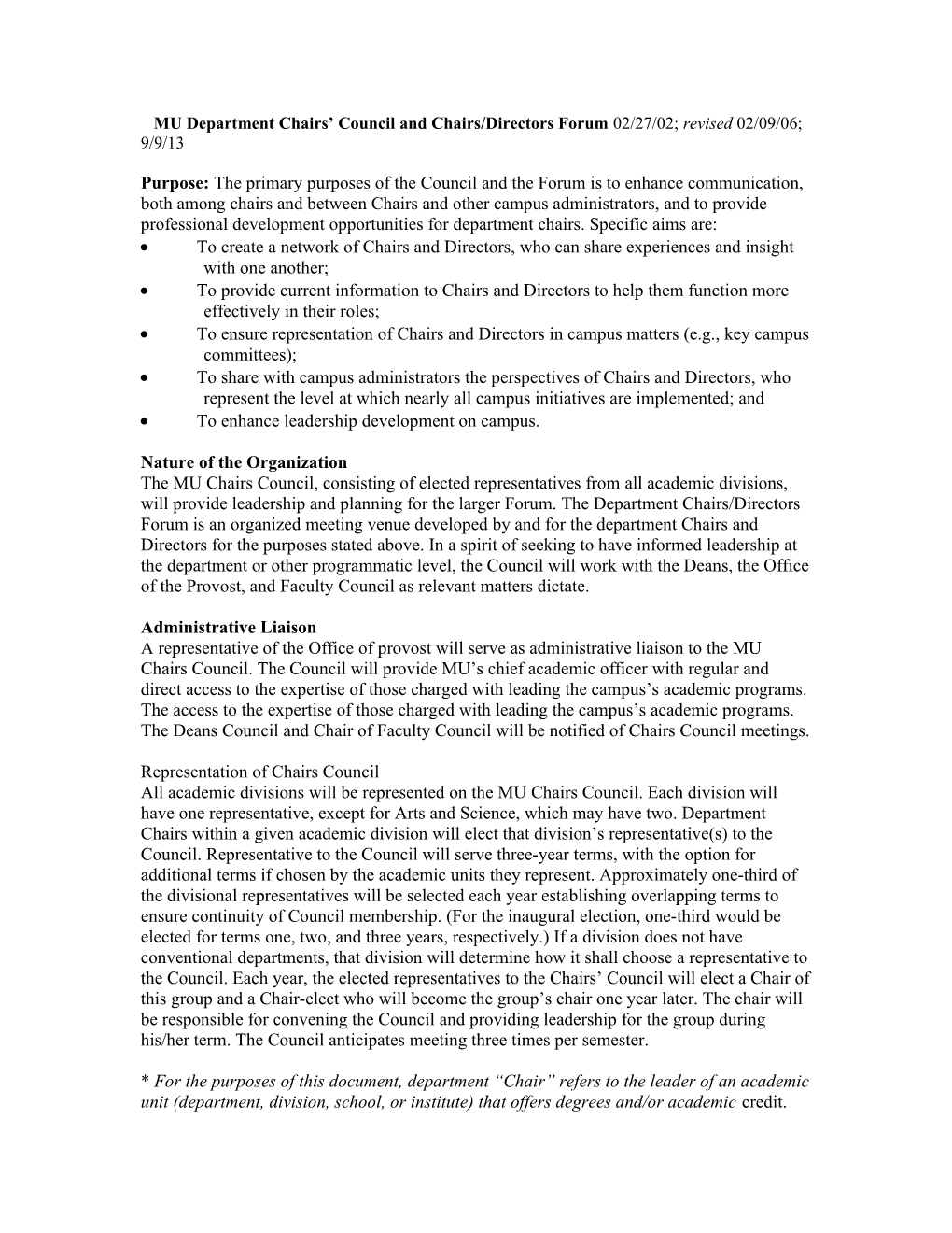 MU Department Chairs Council and Chairs/Directors Forum 02/27/02; Revised 02/09/06; 9/9/13