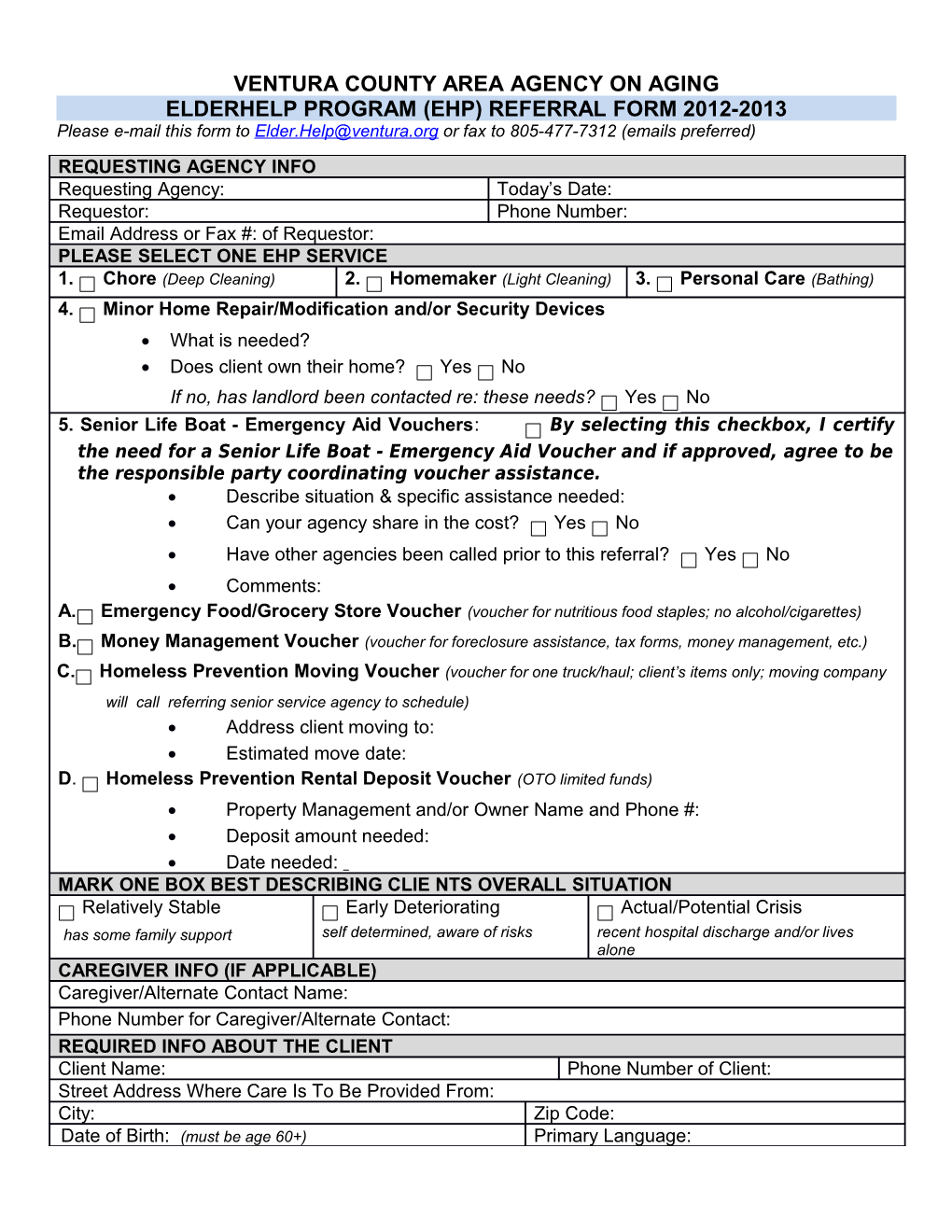 Elderhelp Program (Ehp) Referral Form 2012-2013