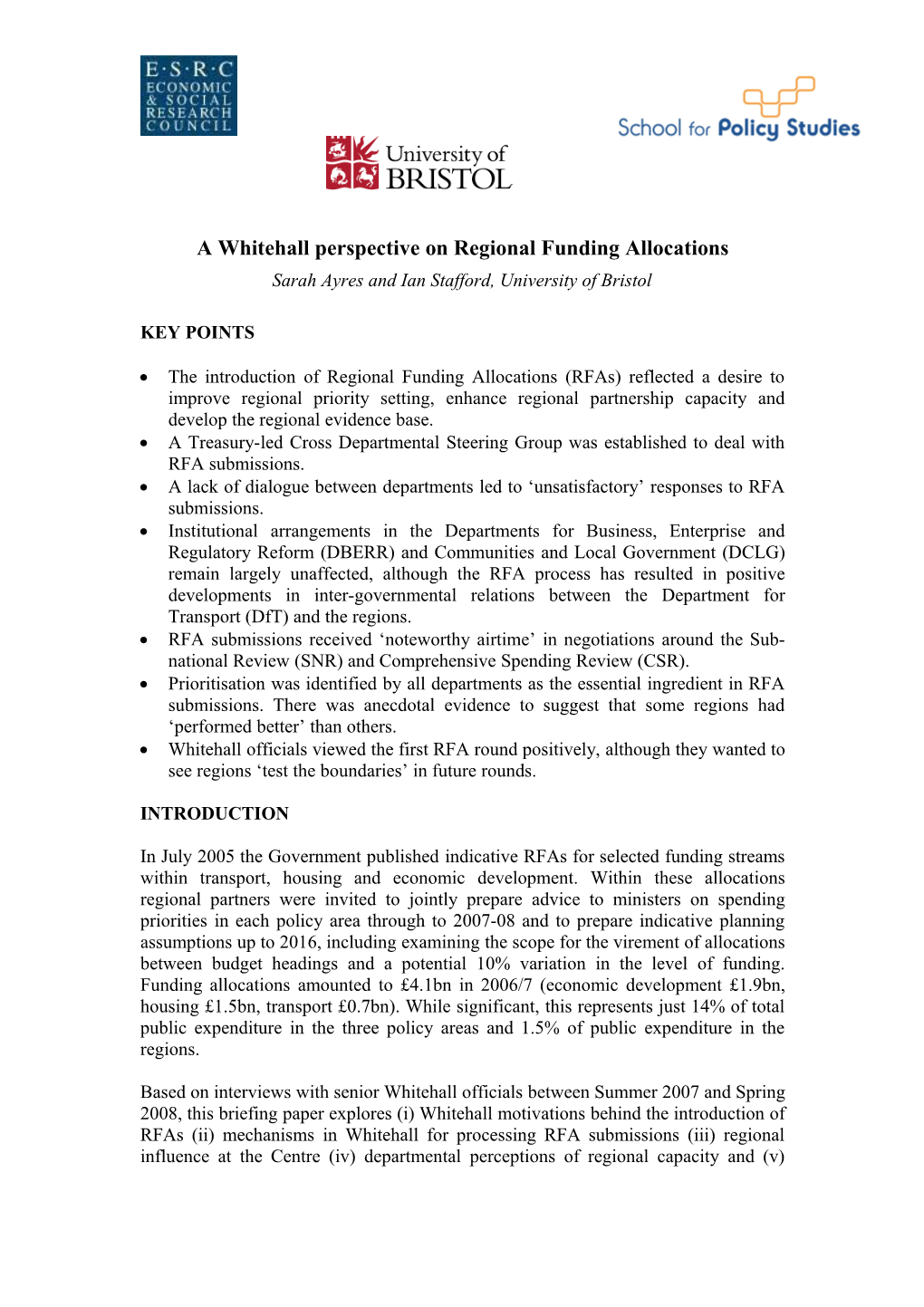 The Aspirations and Limitations of Regional Funding Allocations