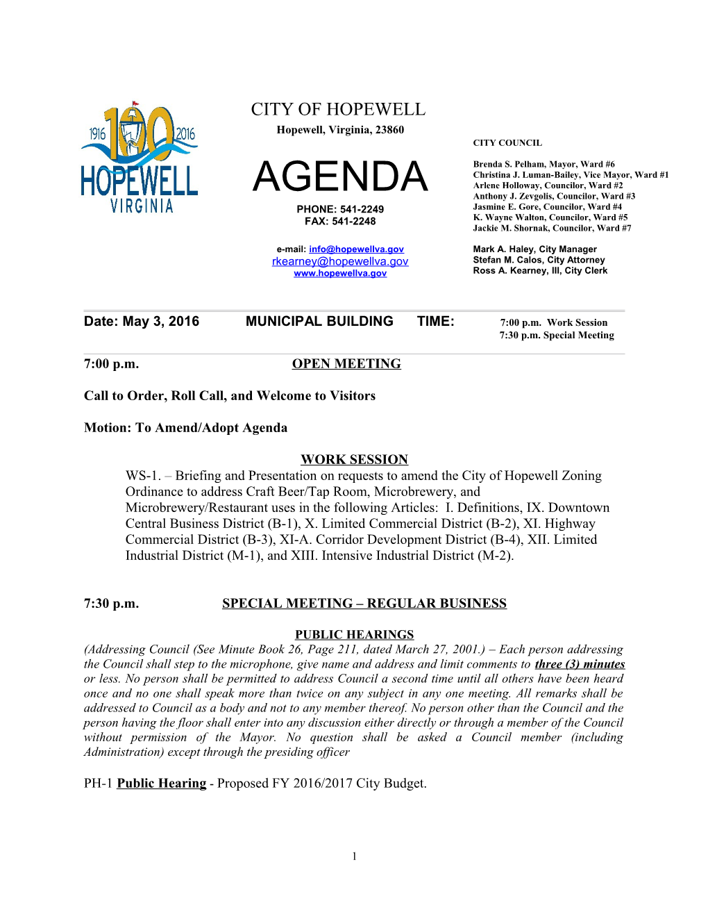 Agenda, 5/3/16 Special Meeting/Work Session, Smc Redline 4/28/16 (W3369167;1)