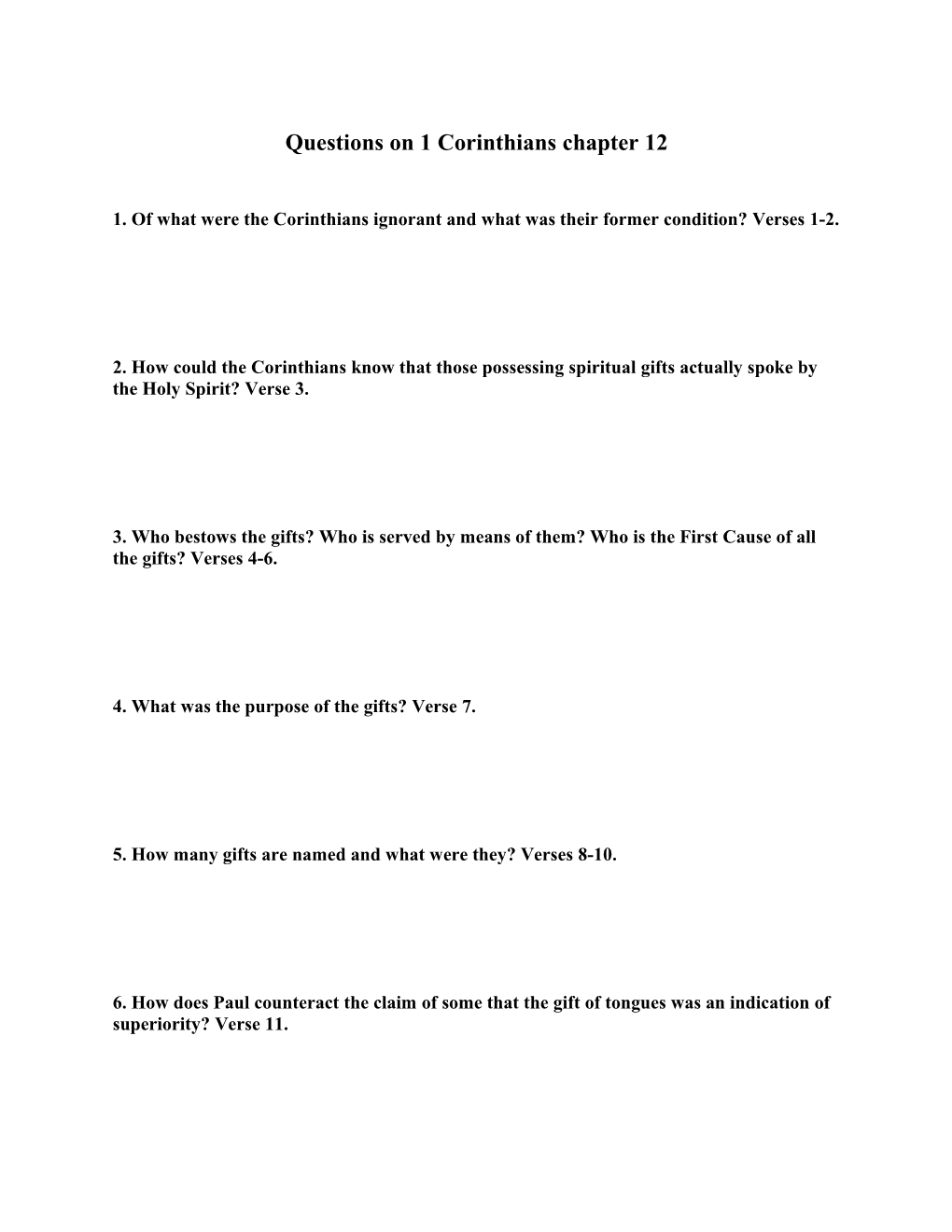 Questions on 1 Corinthians Chapter 12