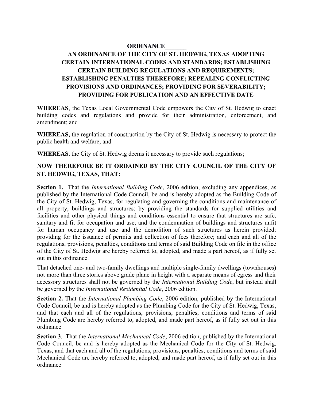 An Ordinance of the City of St. Hedwig, Texas Adoptingcertain International Codes And