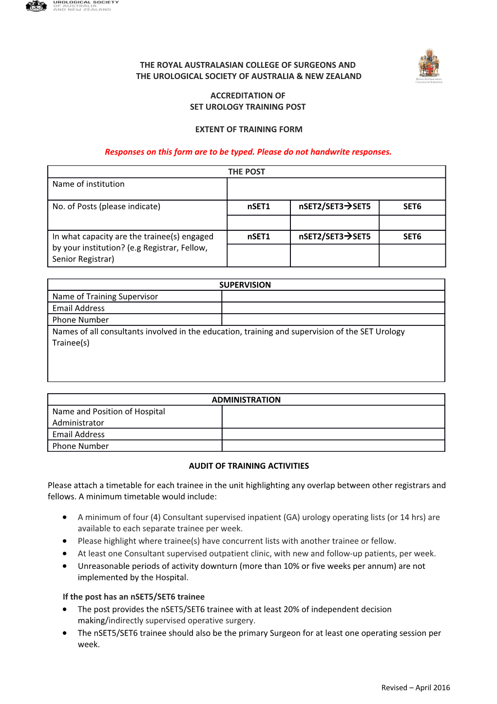 Accreditation Criteria, Specialist Surgical Post in Urology