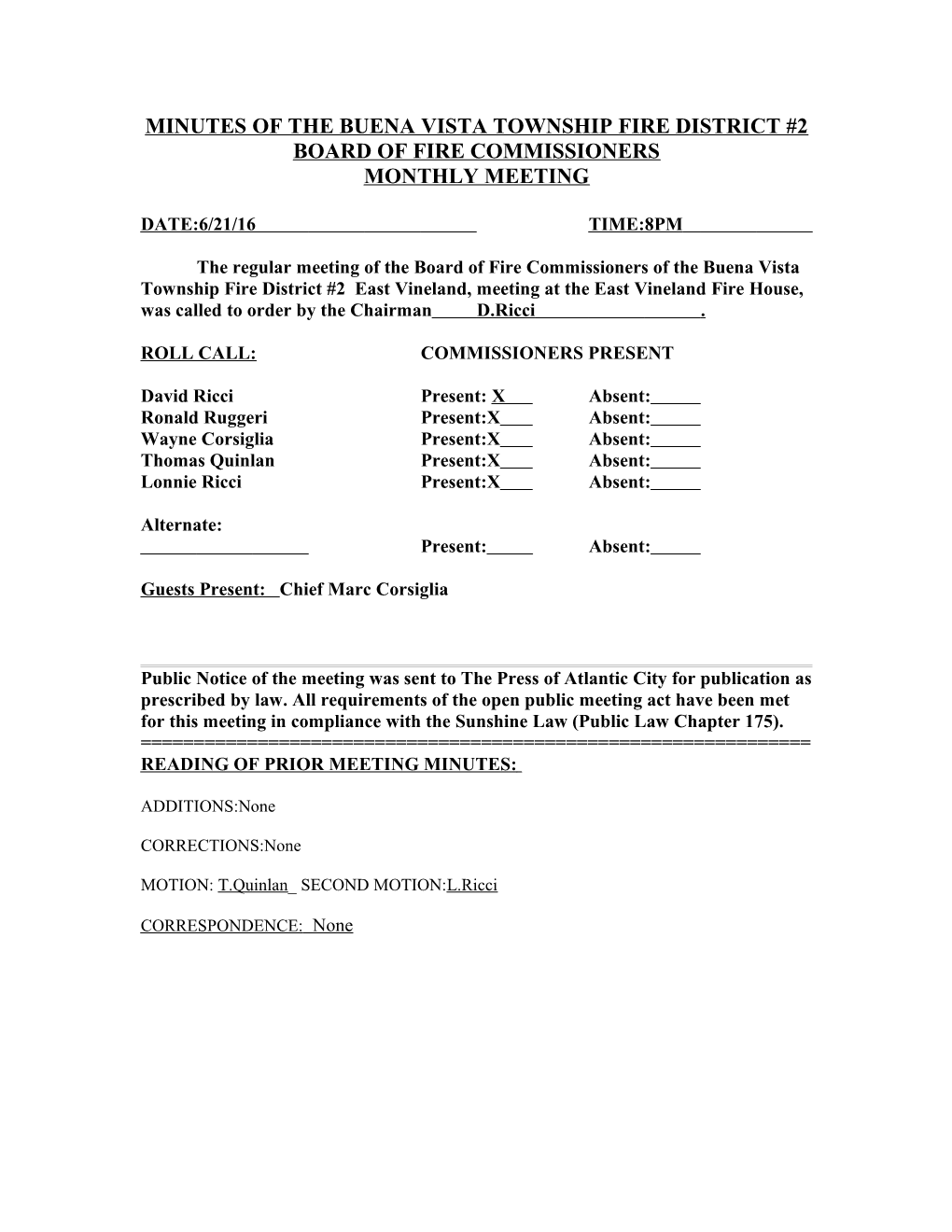 Minutes of the Buena Vista Township Fire District #2