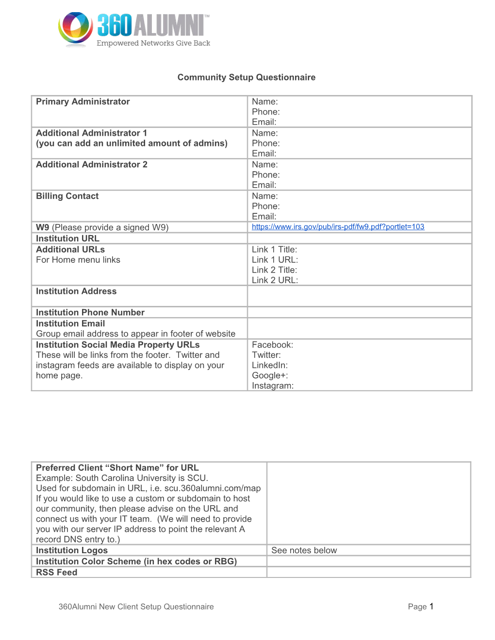 Community Setup Questionnaire