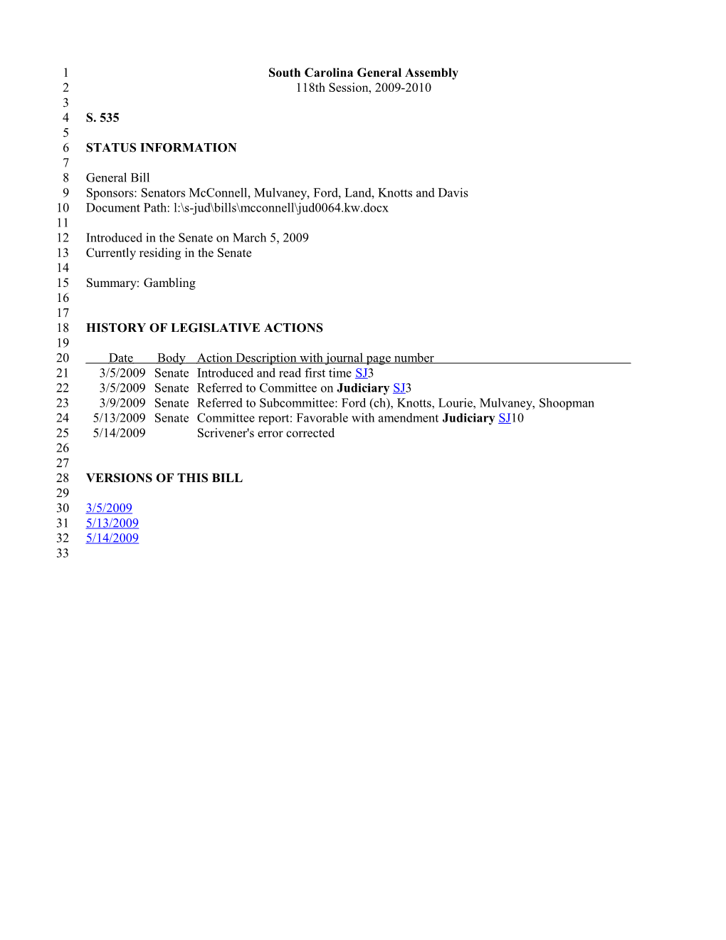 2009-2010 Bill 535: Gambling - South Carolina Legislature Online