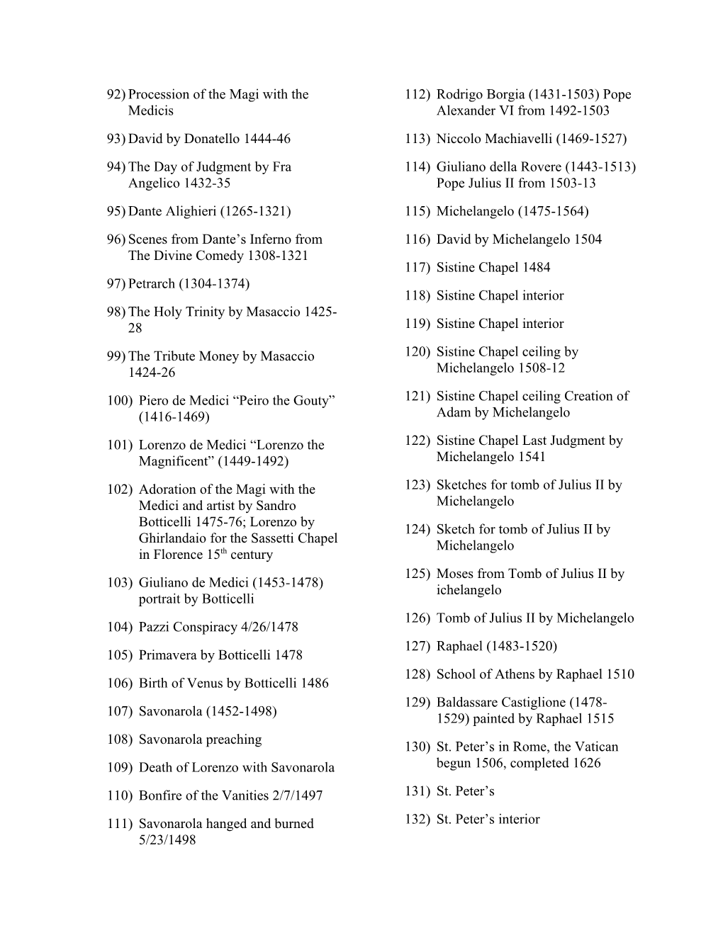 Slide List for History of European Civilization I Renaissance and Reformation
