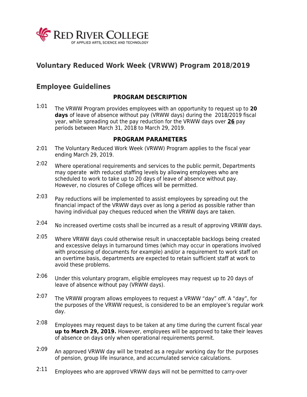Voluntary Reduced Work Week (VRWW) Program2018/2019