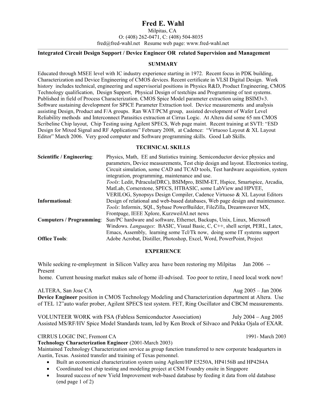 Integrated Circuit Design Support / Device Engineer OR Related Supervision and Management