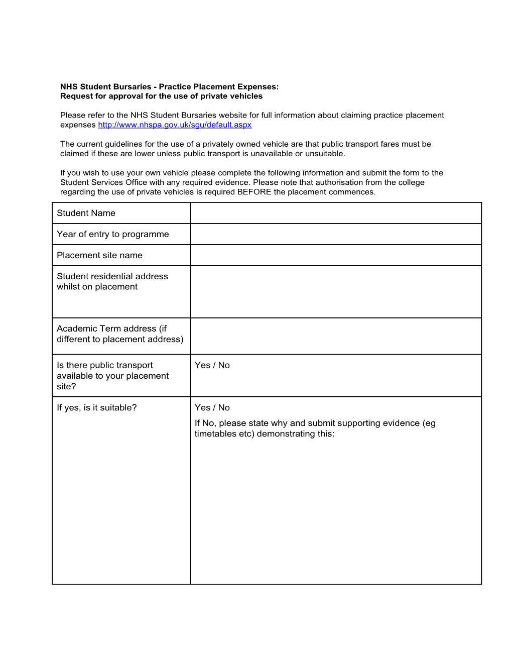 NHS Student Bursaries - Practice Placementexpenses:Request for Approval for the Use Of