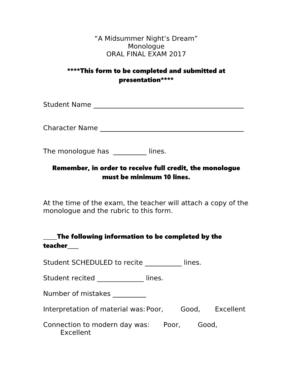 This Form to Be Completed and Submitted at Presentation