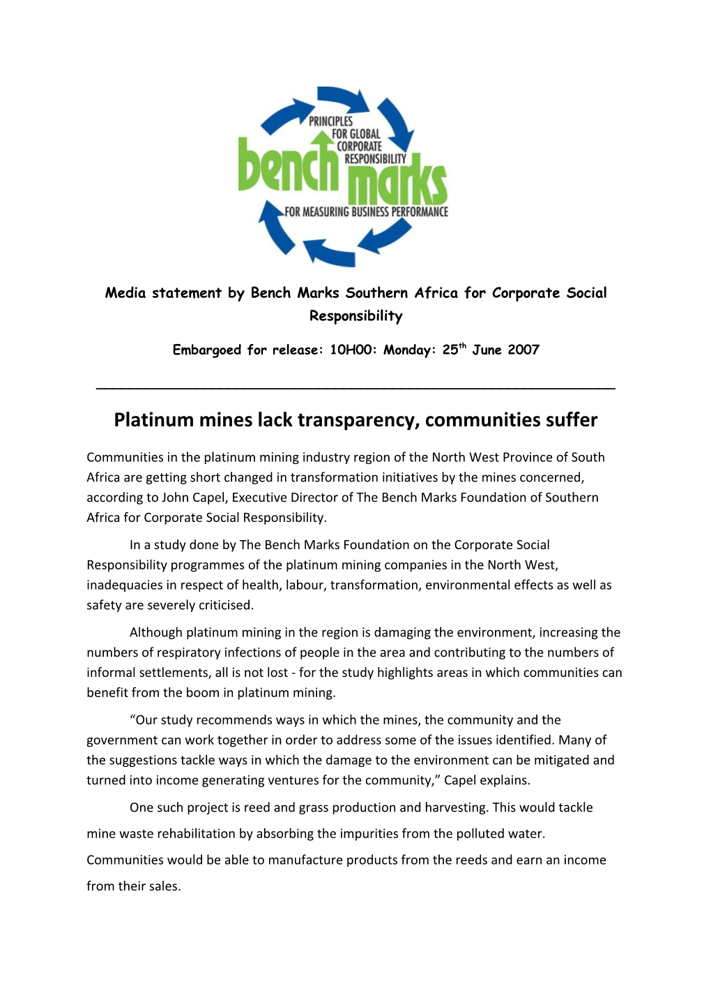 Media Statement by Bench Marks Southern Africa for Corporate Social Responsibility