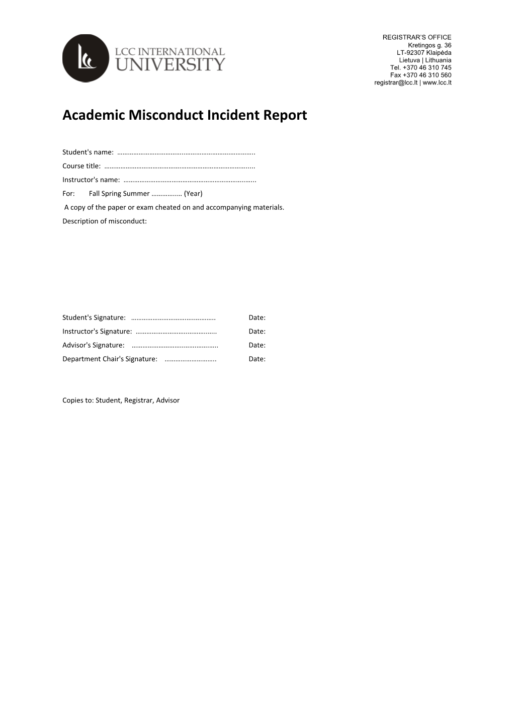 Academic Misconduct Incident Report
