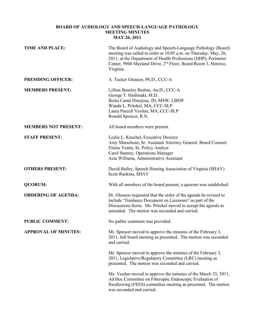 ASLP Board Minutes 5-26-2011