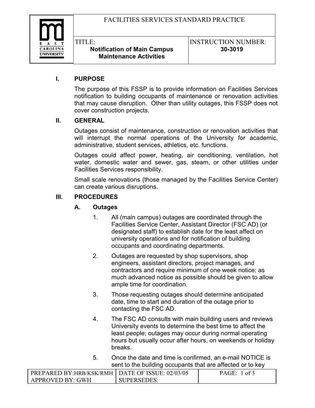 FSSP 30-3019; Notification of Main Campus Maintenance Activities