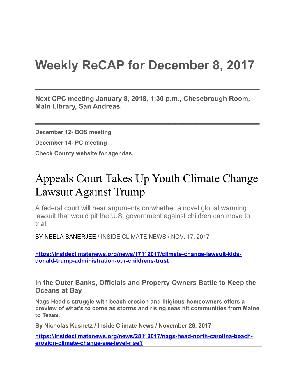Weekly Recap for December 8, 2017