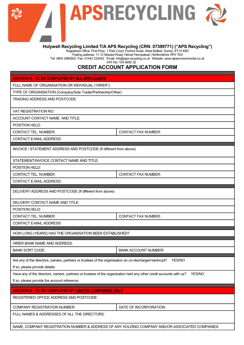 Holywell Recycling Limited T/A APS Recycling (CRN: 07399771) ( APS Recycling )