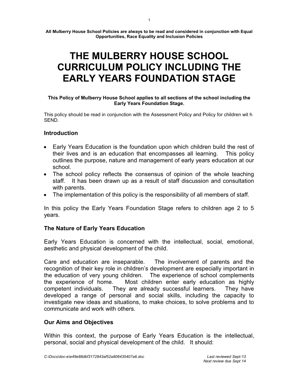 Early Years Curriculum Policy
