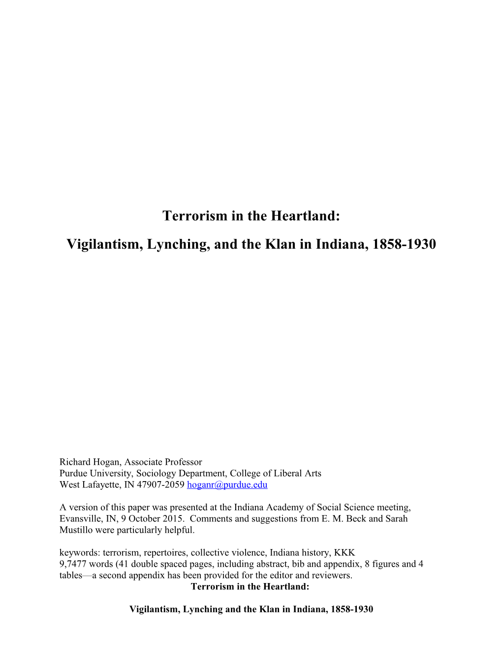 Vigilantism, Lynching, and the Klan in Indiana, 1858-1930