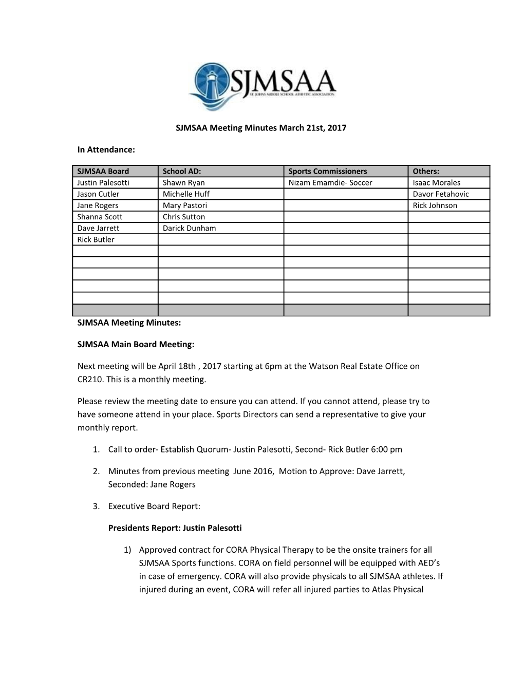 SJMSAA Meeting Minutes March 21St, 2017