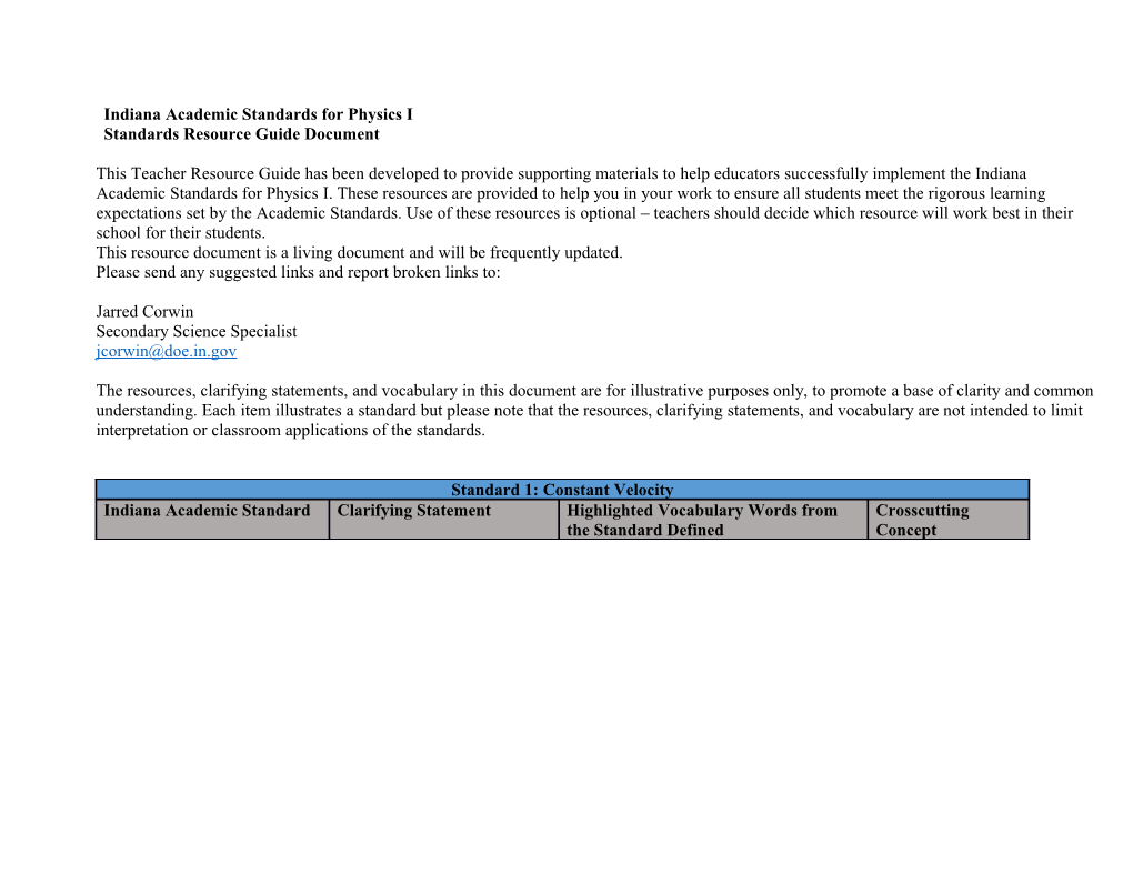 Indiana Academic Standards for Physics I