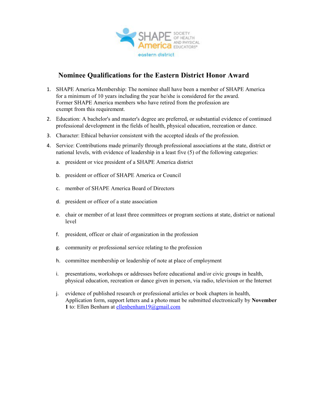 Nominee Qualifications for the Eastern District Honor Award