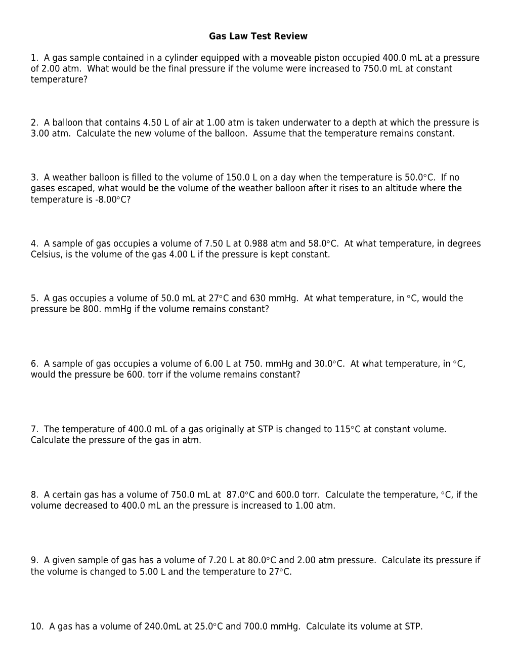 Gas Law Test Review