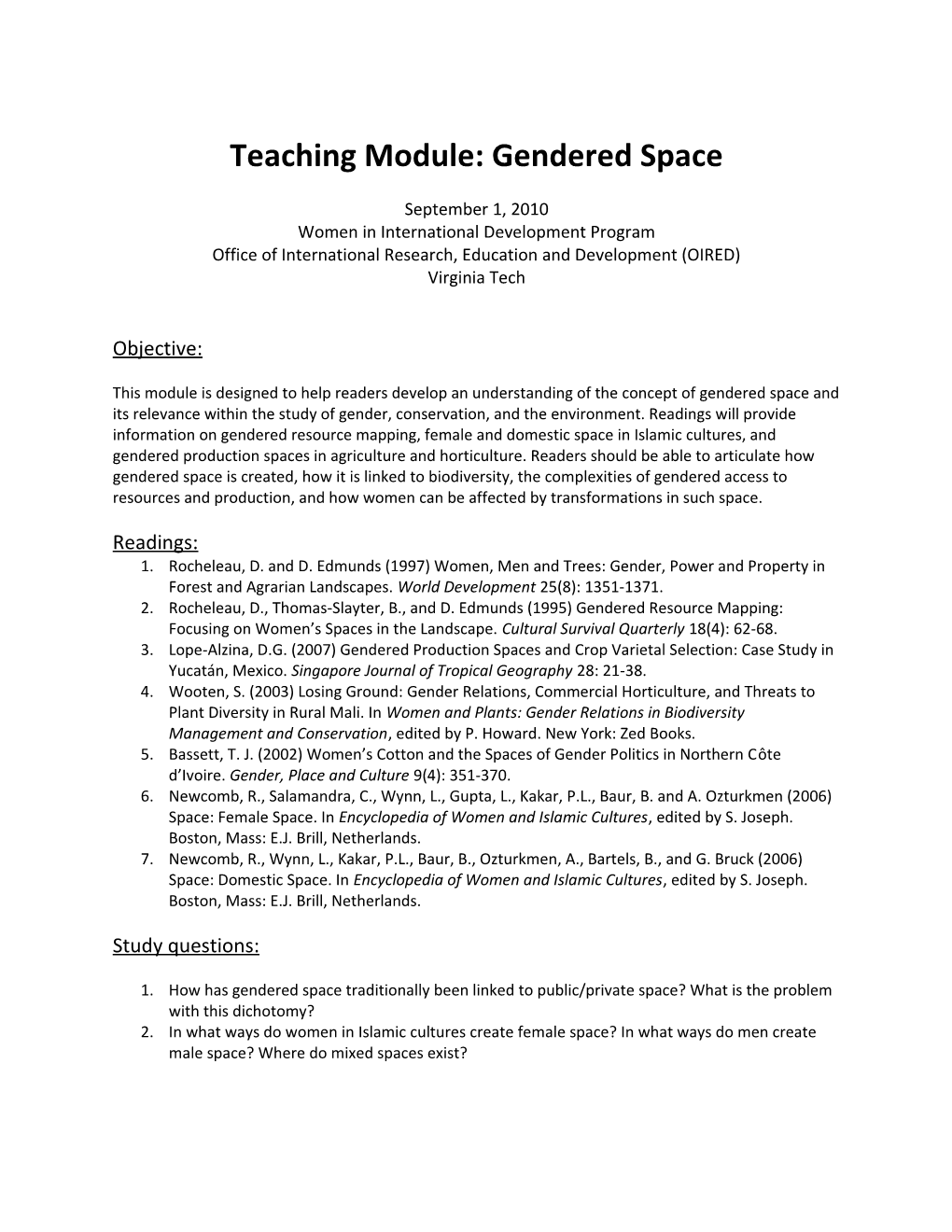 Teaching Module: Gendered Space
