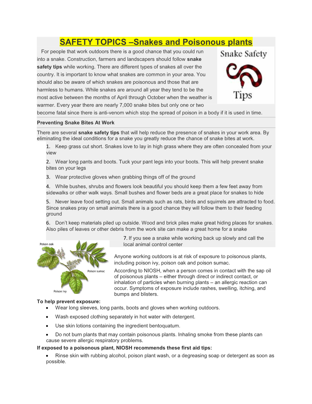 SAFETY TOPICS Snakes and Poisonous Plants