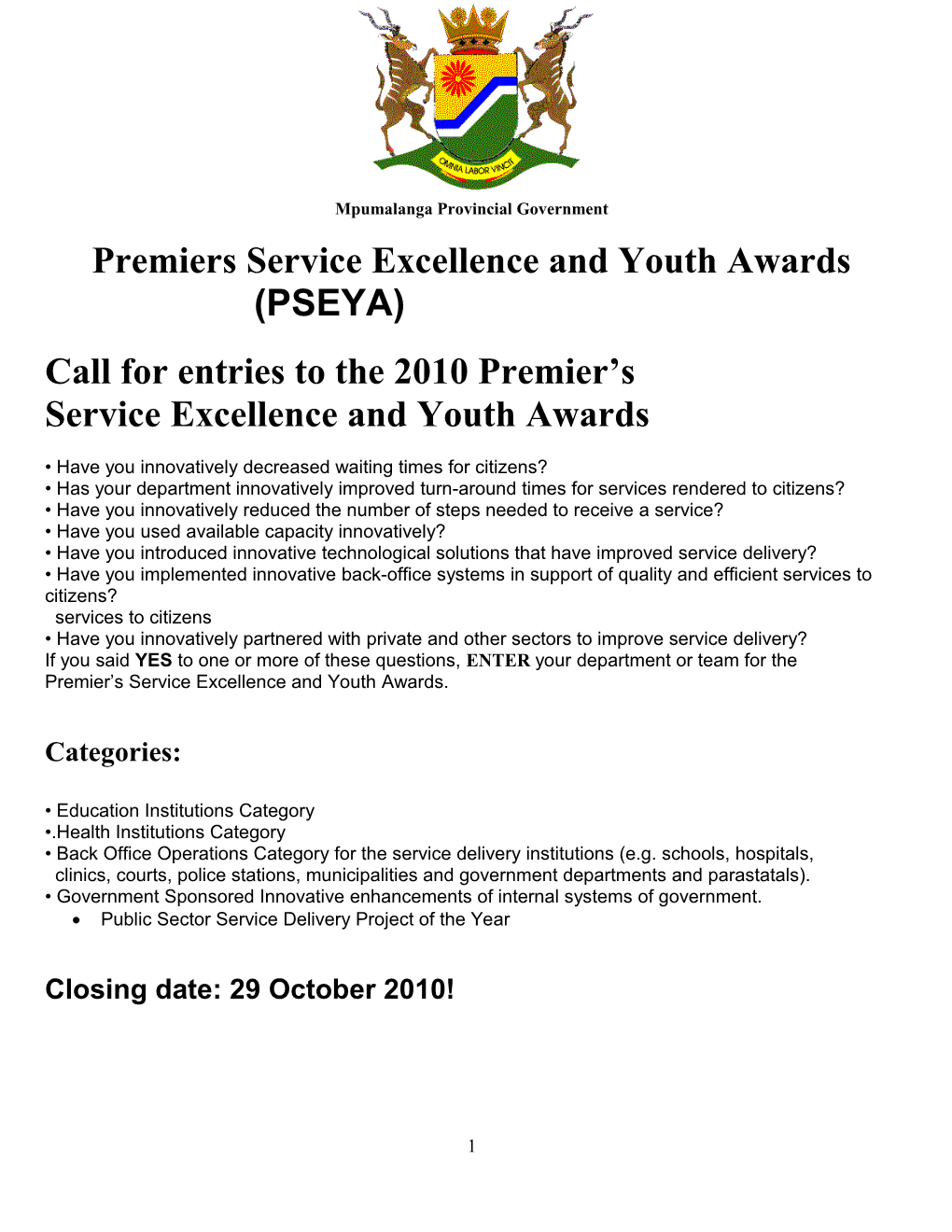 Premiers Service Excellence and Youth Awards (PSEYA)