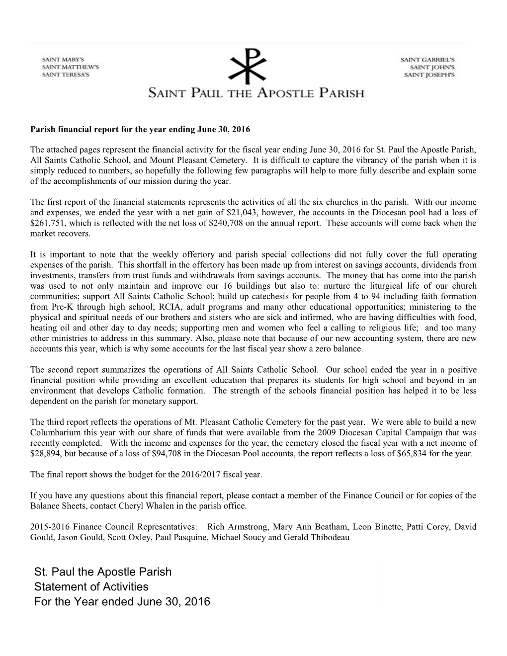 Parish Financial Report for the Year Ending June 30, 2016