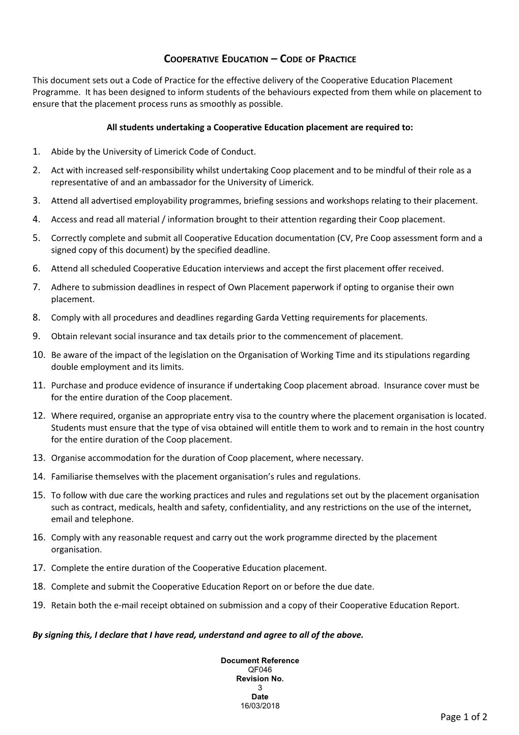 Cooperative Education Code of Practice