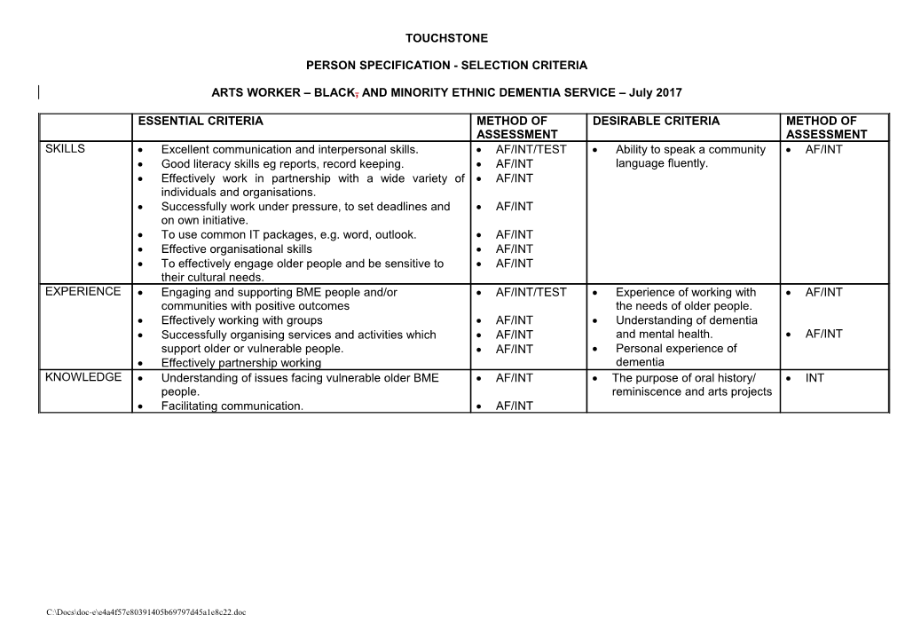 Person Specification - Selection Criteria