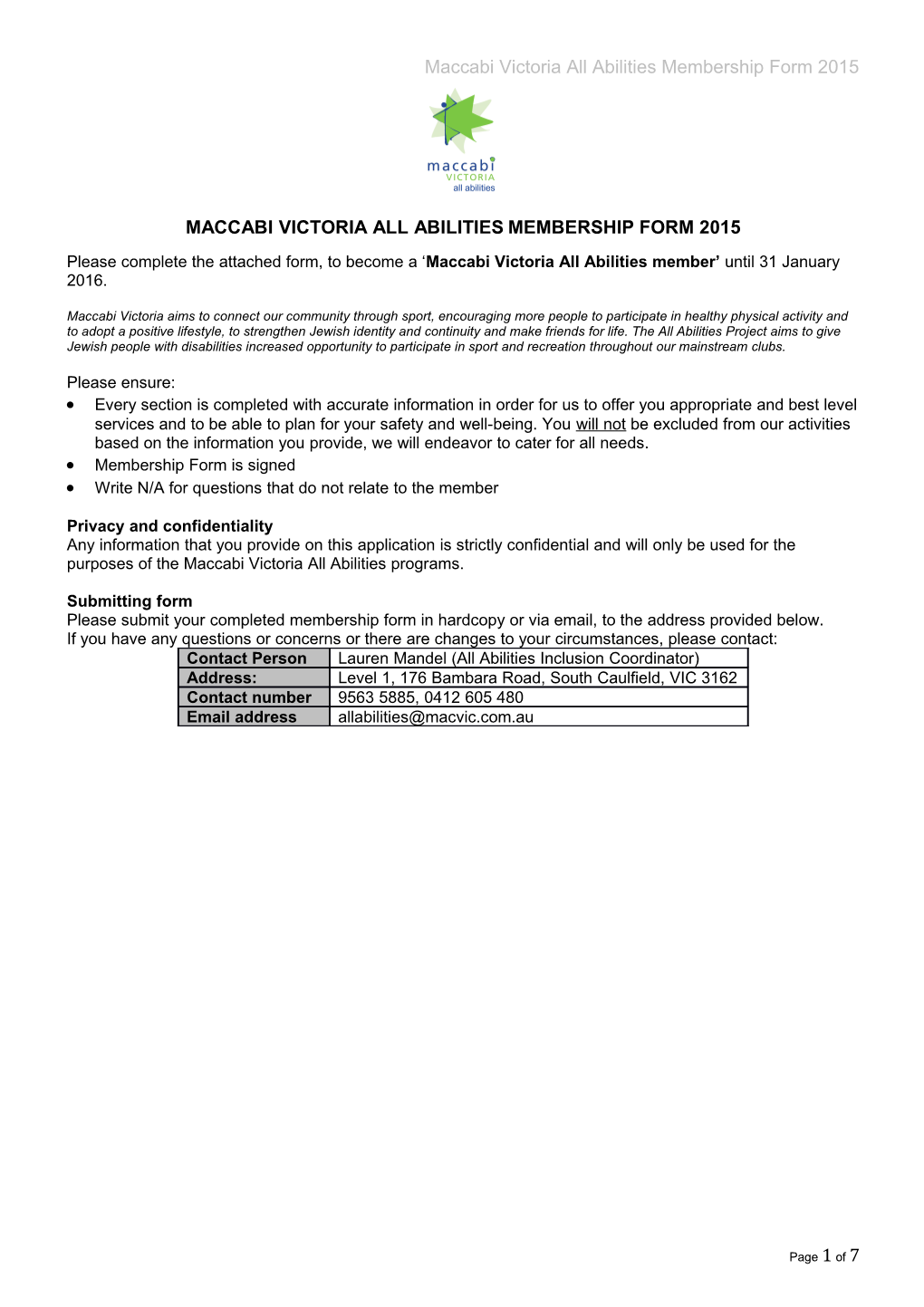 Maccabi Victoria All Abilitiesmembership Form 2015