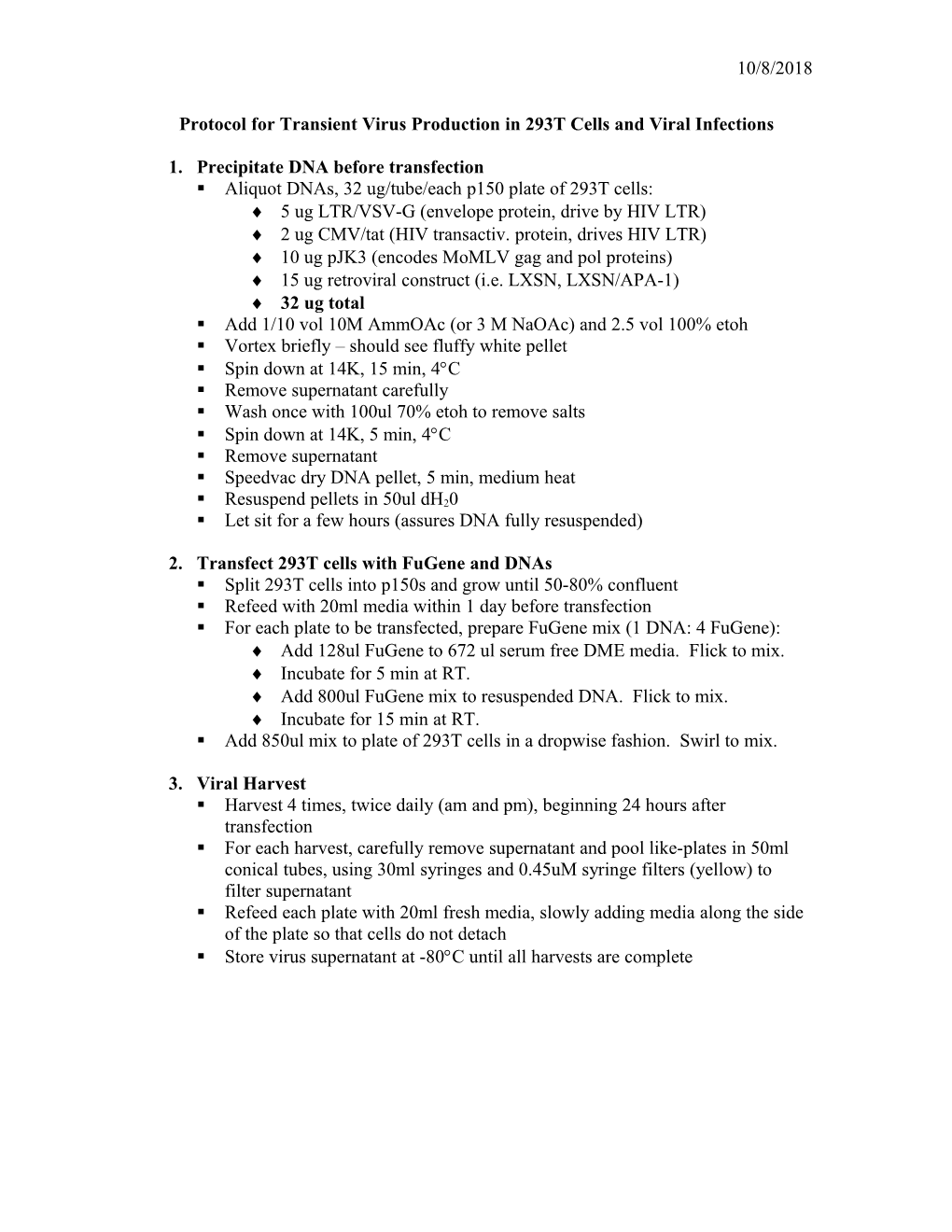 Protocol for Transient Virus Production in 293T Cells