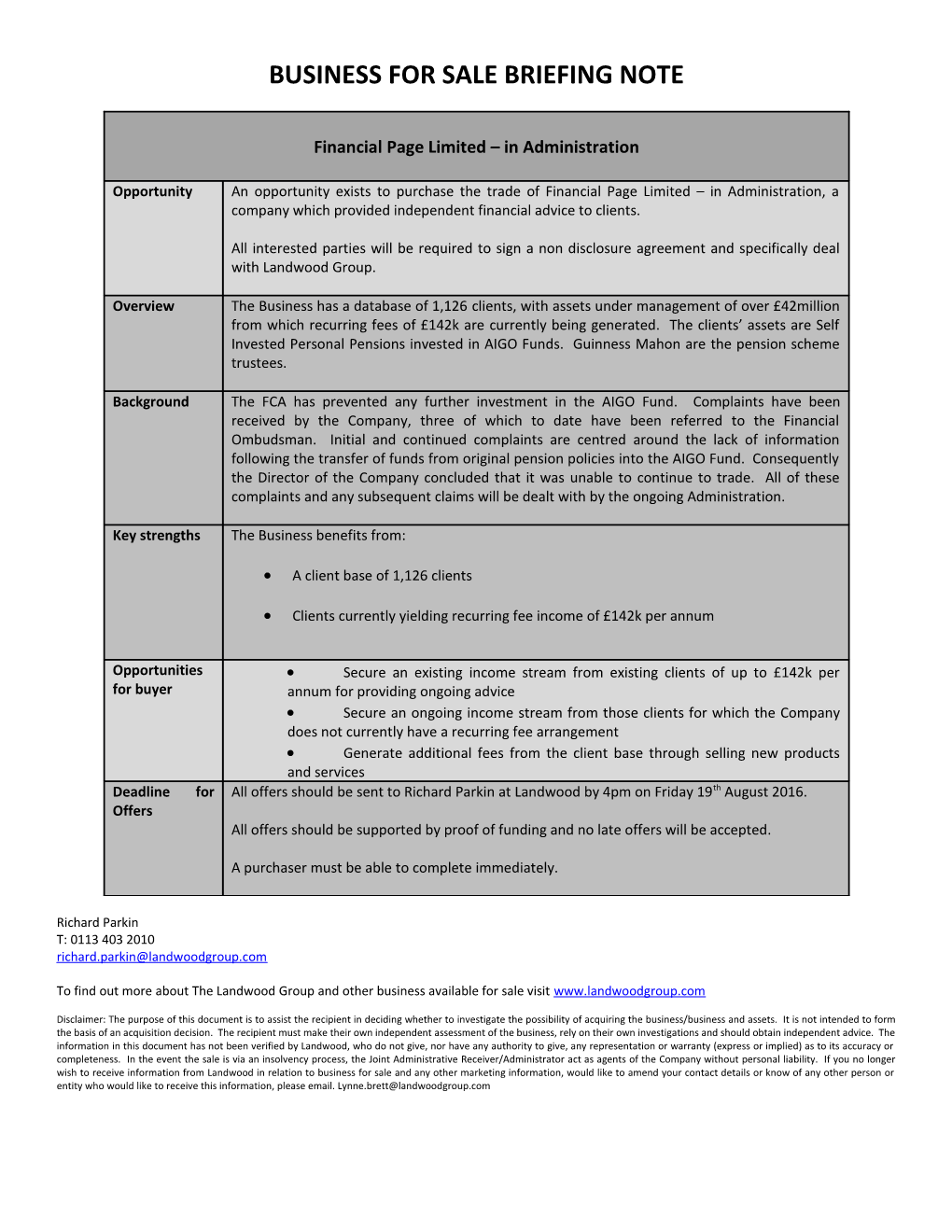 Business for Sale Briefing Note