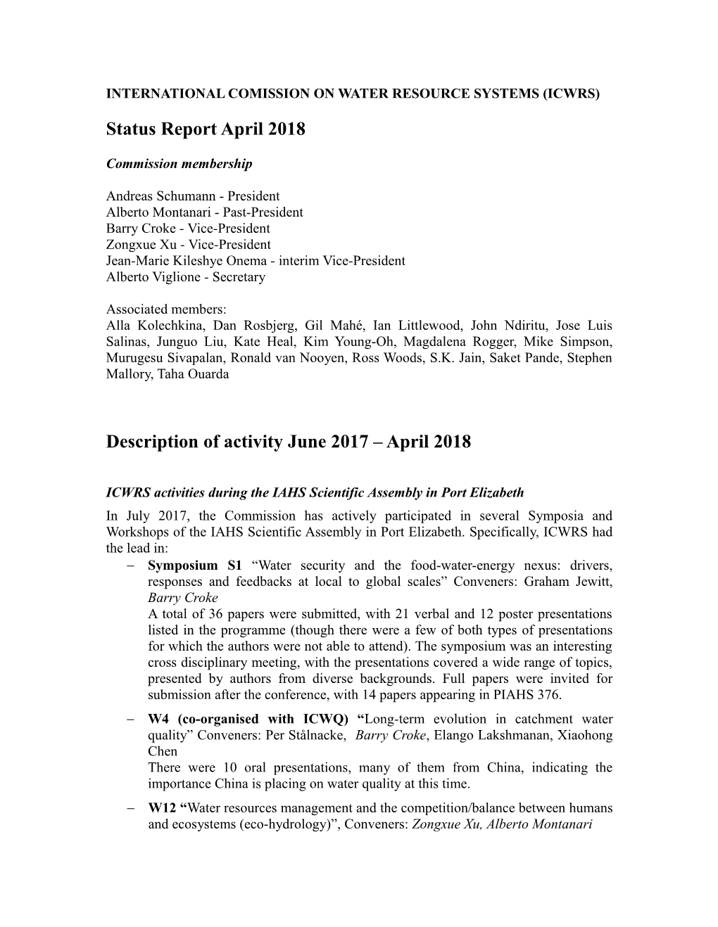 Minutes of the Meeting of the ICWRS in Prague, 24 June 2015