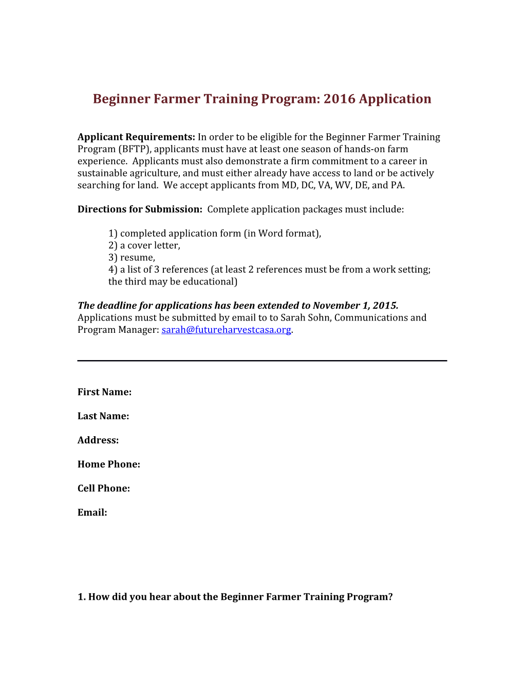 Beginner Farmer Training Program: 2016 Application