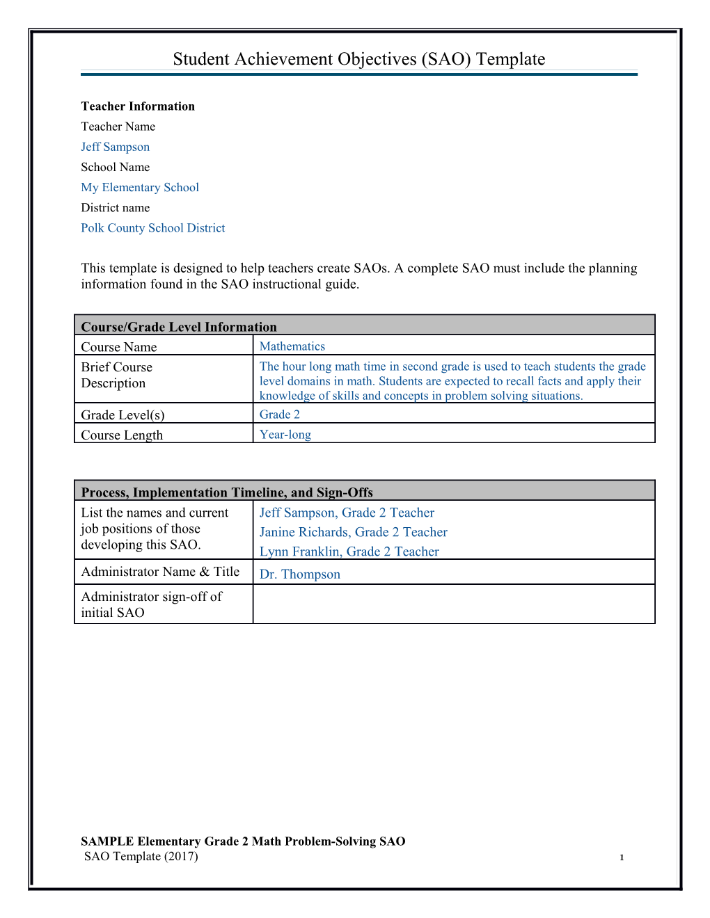 Student Achievement Objectives (SAO) Template