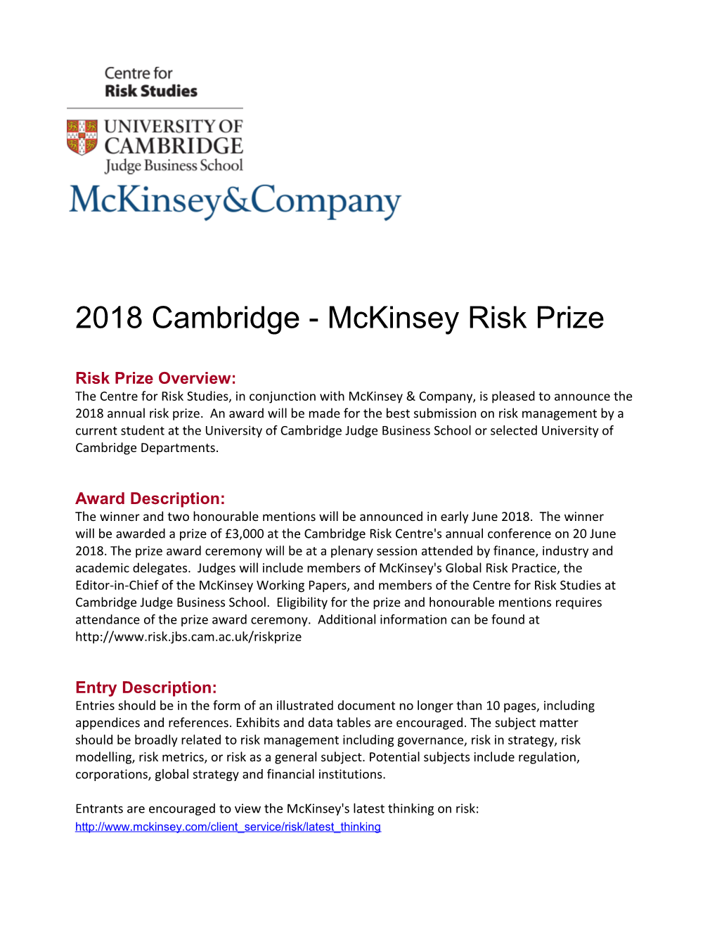 2018 Cambridge - Mckinsey Risk Prize
