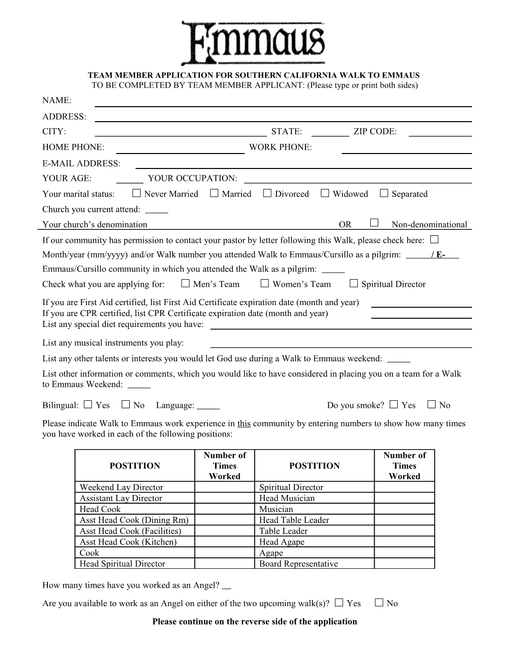Team Member Application for Southern California Walk to Emmaus