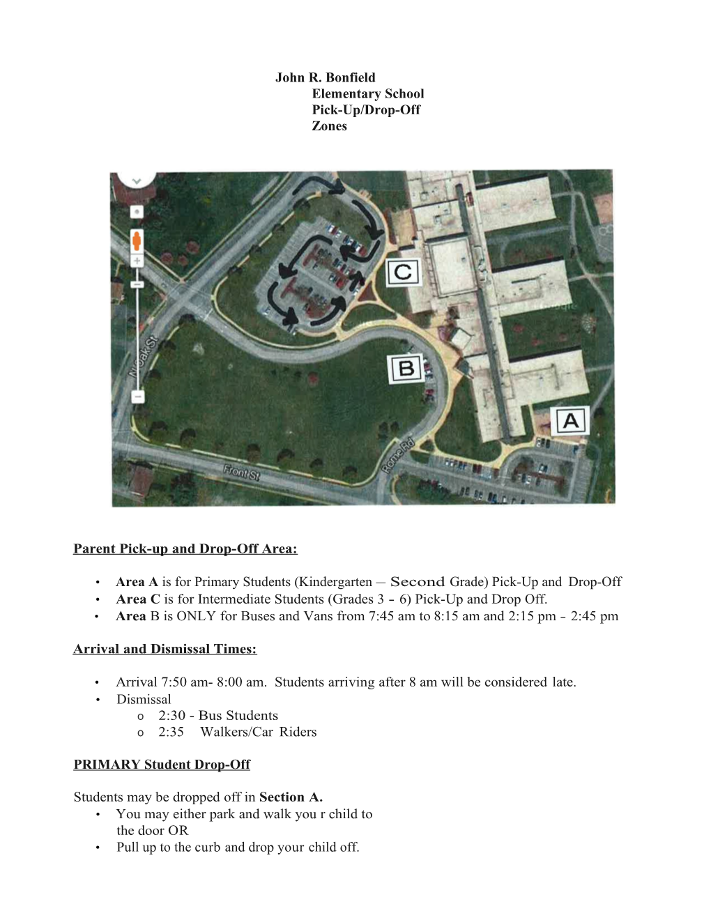 John R. Bonfield Elementary School Pick-Up/Drop-Off Zones
